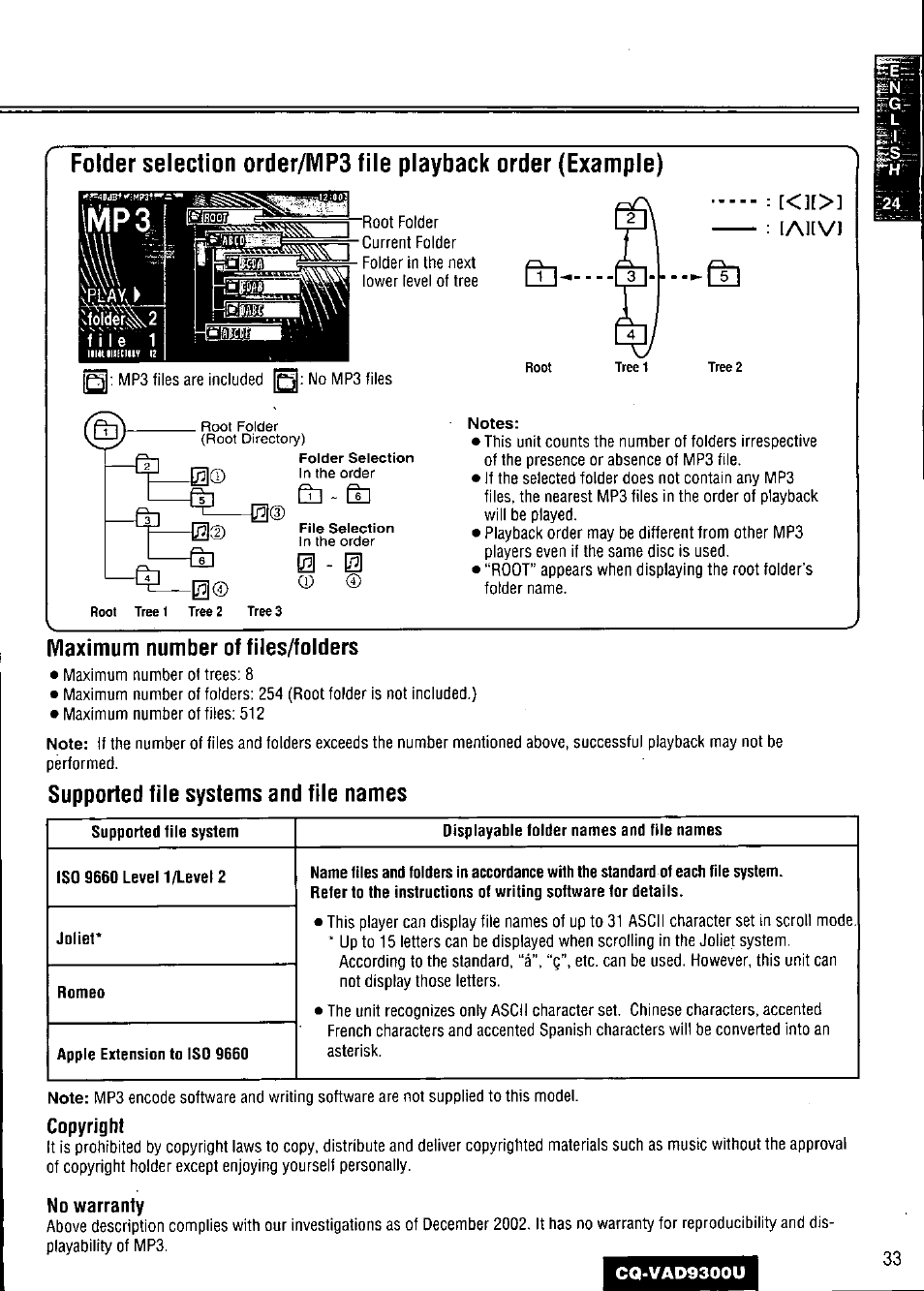Ahvj, Notes, Maximum number of files/folders | Supported file systems and file names, Copyright, No warranty | Panasonic CQ VAD9300U User Manual | Page 33 / 304