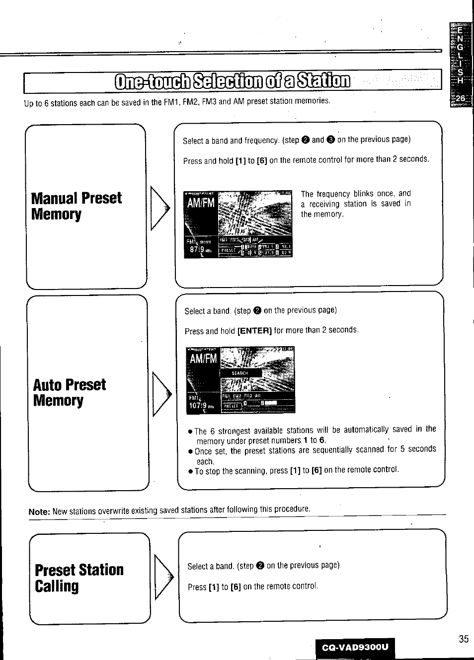 Manual preset memory, Preset station calling, Am/fm | Panasonic CQ VAD9300U User Manual | Page 35 / 304