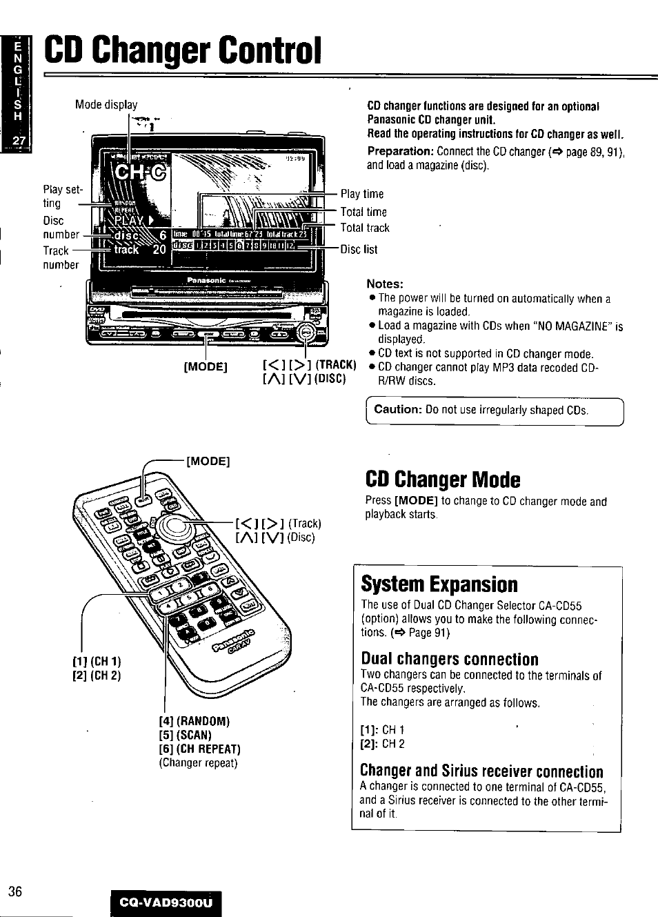 Cd changer control, Notes, Cd changer mode | System expansion, Dual changers connection, Changer and sirius receiver connection, Cd changer controi, A] [v | Panasonic CQ VAD9300U User Manual | Page 36 / 304