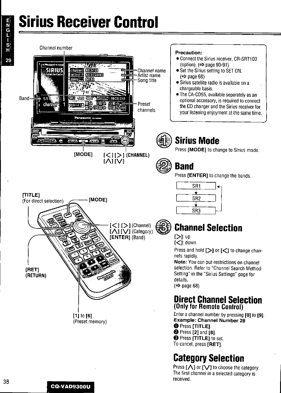 Sirius receiver control, Channel selection, Direct channel selection | Only for remote control), Category selection, Sirius mode, Band, A] [v | Panasonic CQ VAD9300U User Manual | Page 38 / 304