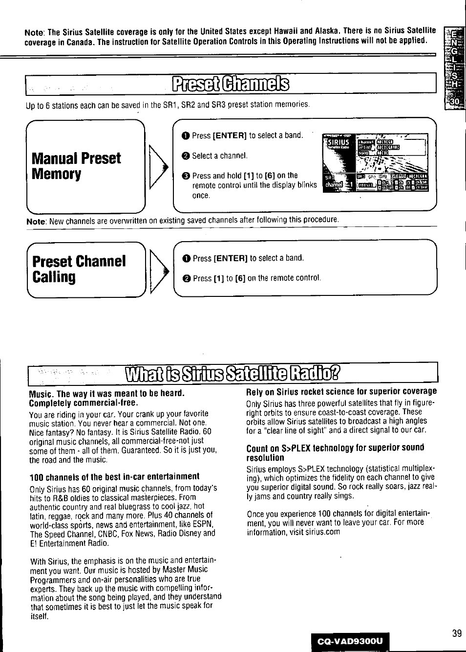 Preset channel calling, 100 channels of the best in-car entertainment, Siriiussatellite | Panasonic CQ VAD9300U User Manual | Page 39 / 304