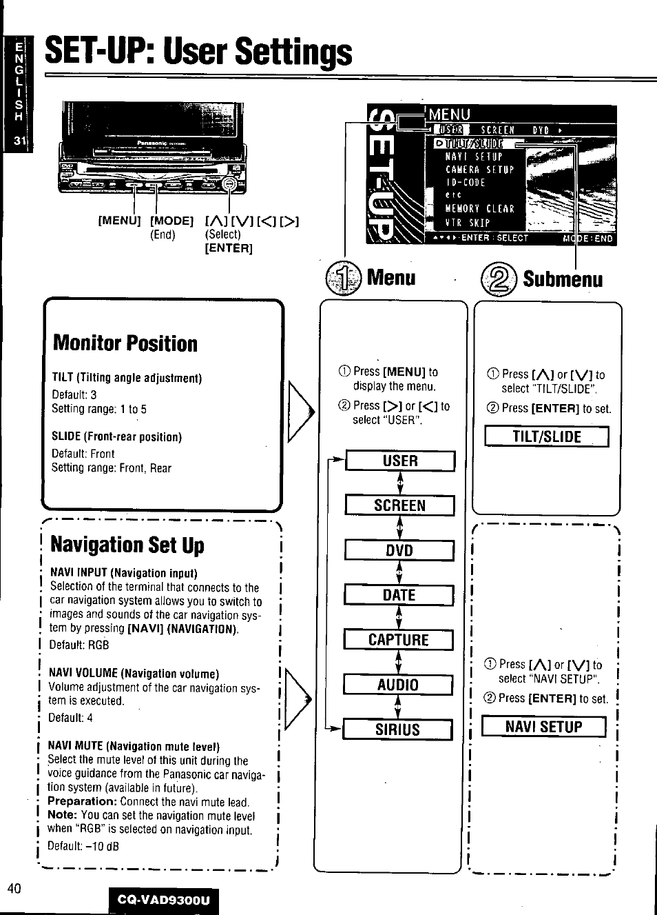 Set-up; user settings, Menu, Submenu | Navigation set up, Navi input (navigation input), Navi volume (navigation volume), Navi mute (navigation mute level), User, Screen, Date | Panasonic CQ VAD9300U User Manual | Page 40 / 304