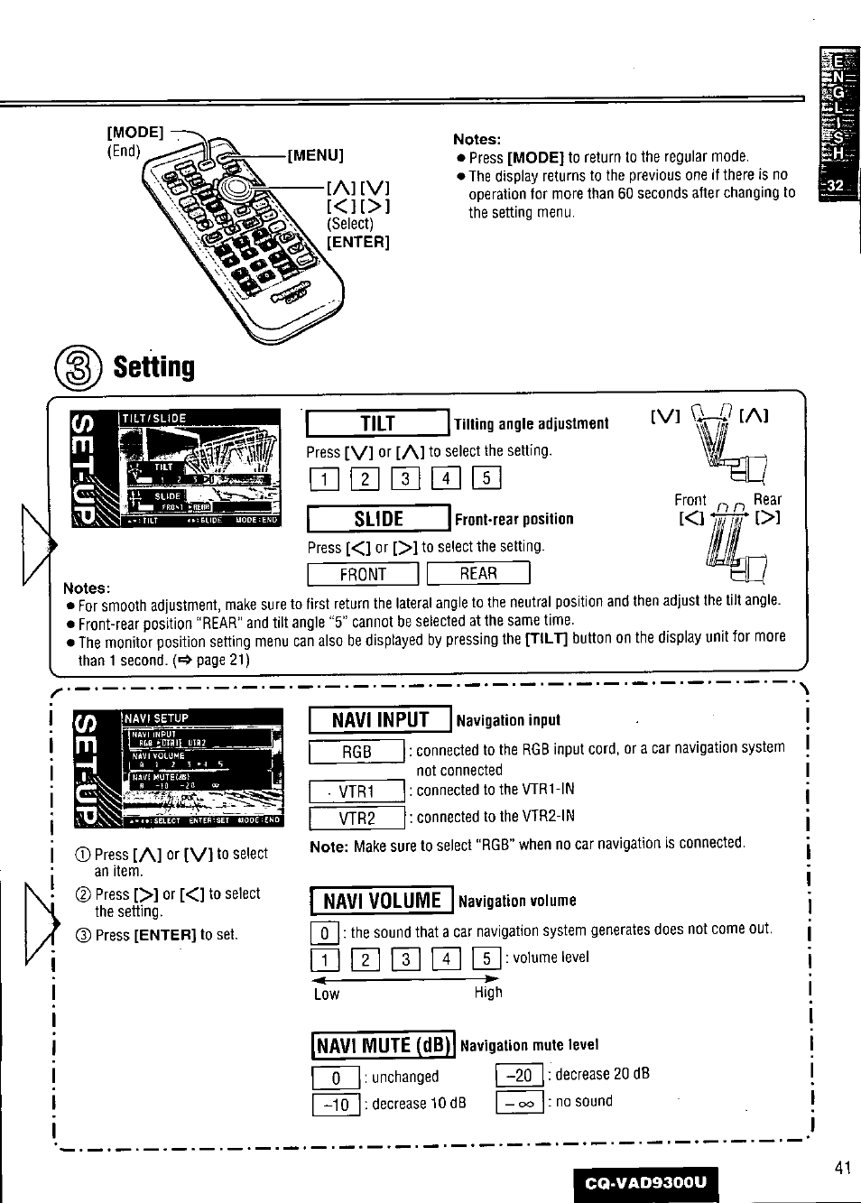 Tilt, Tilting angle adjustment, Navi input | Navigation input, Navi volume, Navigation volume, I] h] e, Setting, Al [vi, V] [a | Panasonic CQ VAD9300U User Manual | Page 41 / 304