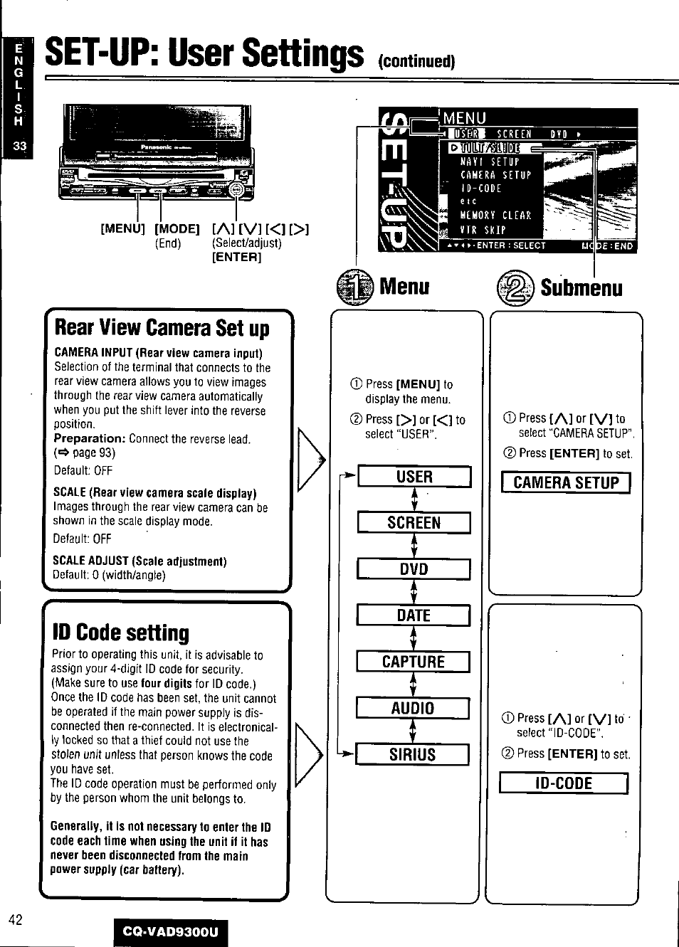 Set-up: user settings, Rear view camera set up, Id code setting | User, Screen, Date, Capture, Audio, Sirius, Camera setup | Panasonic CQ VAD9300U User Manual | Page 42 / 304