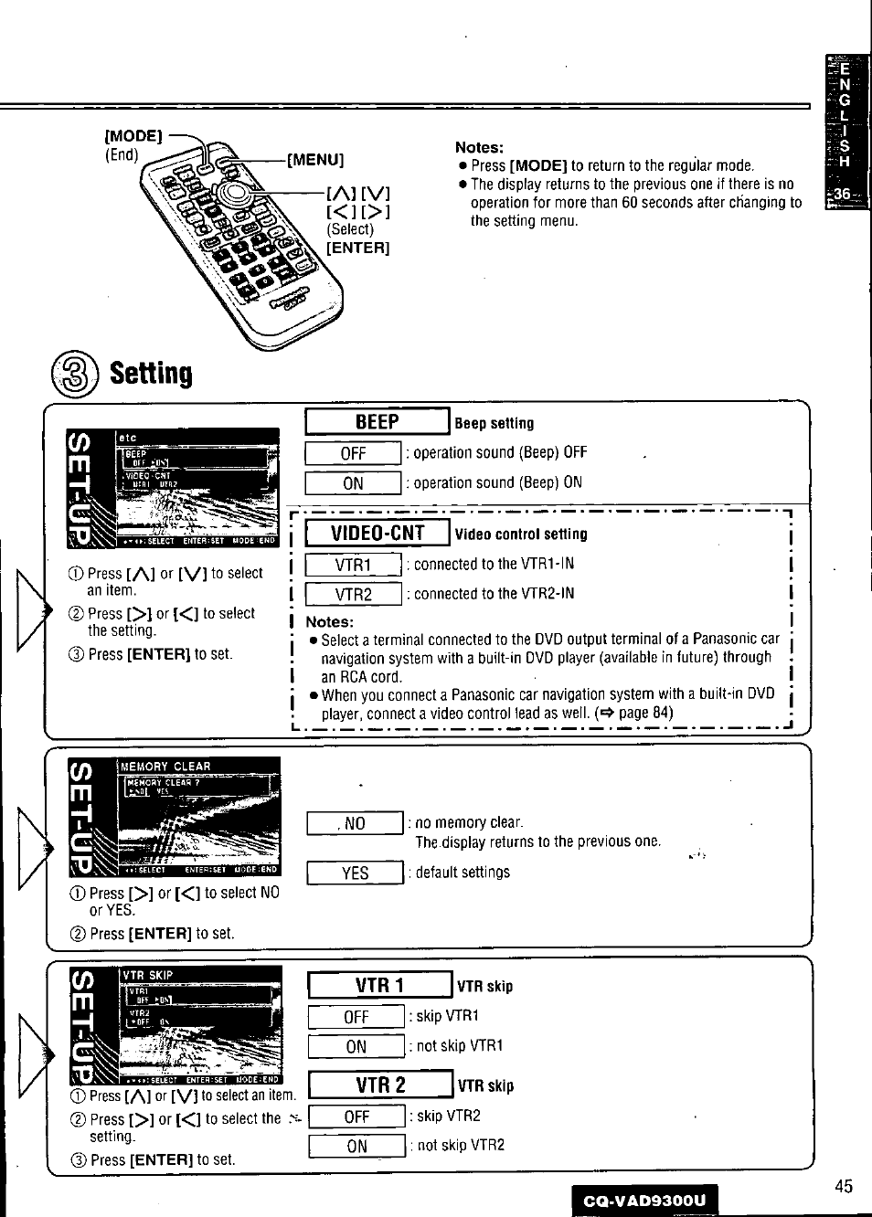 Setting, Beep, Beep setting | Video-cnt, Video control setting | Panasonic CQ VAD9300U User Manual | Page 45 / 304