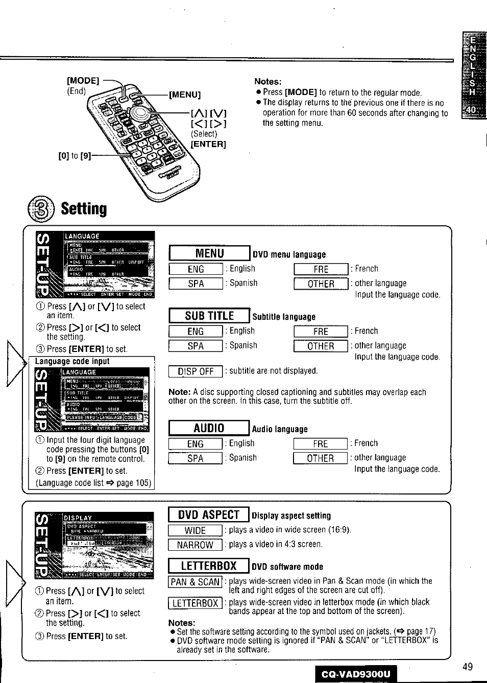 Setting, Menu, Dvd menu language | Sub title, Subtitle language, Audio, Dvd aspect, Display aspect setting, Leherbox, Dvd software mode | Panasonic CQ VAD9300U User Manual | Page 49 / 304