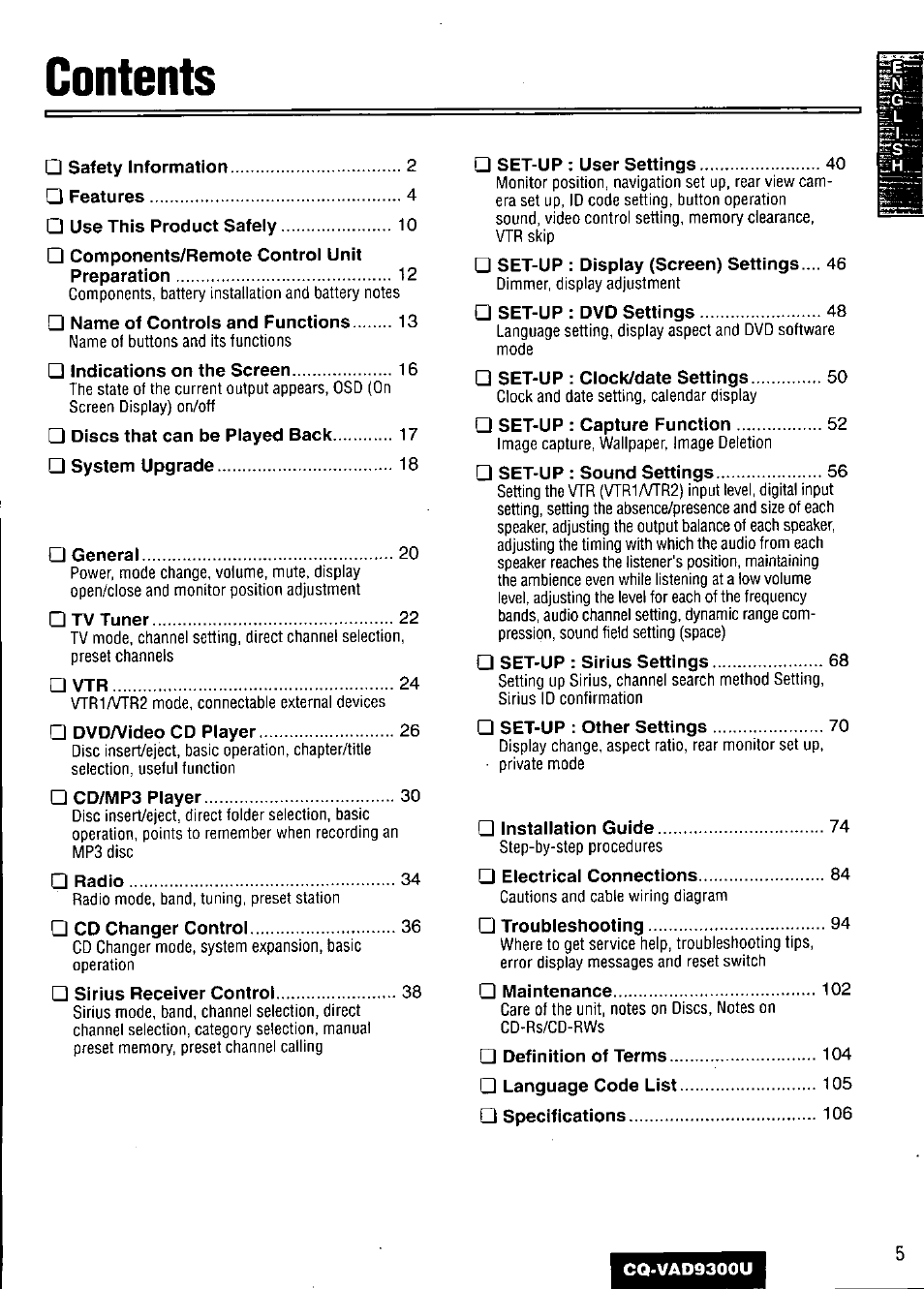 Panasonic CQ VAD9300U User Manual | Page 5 / 304