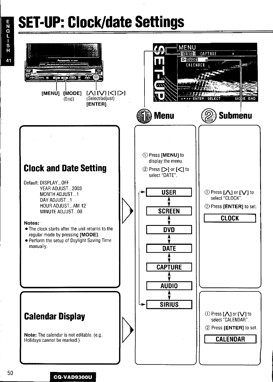 Set-up: clock/date settings, Clock and date setting, Calendar display | User, Screen, Date, Capture, Audio, Sirius, Clock | Panasonic CQ VAD9300U User Manual | Page 50 / 304