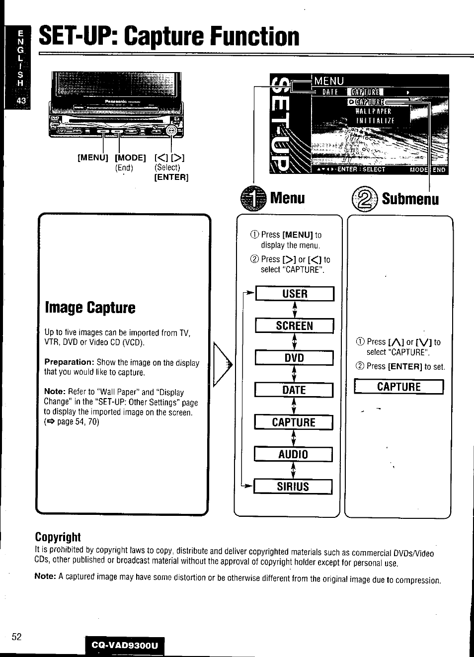 Set-up: capture function, Image capture, User | Screen, Date, Capture, Audio, Sirius, Copyright, Set-up : capture function | Panasonic CQ VAD9300U User Manual | Page 52 / 304