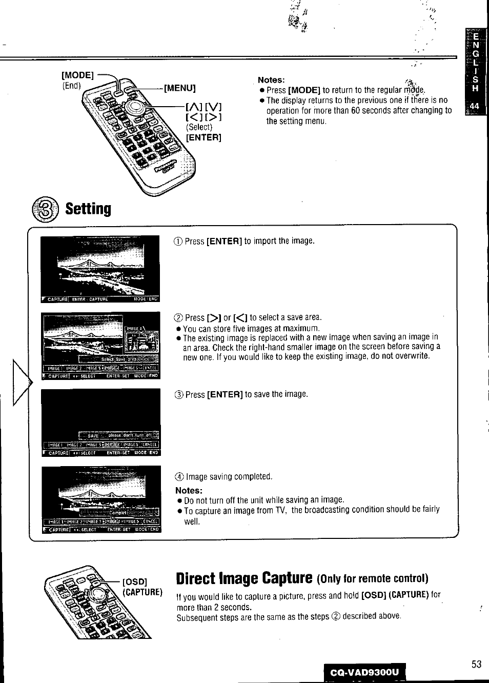 Setting, Direct image capture (oniy for remote control), Setting k | Direct image capture, A] [v | Panasonic CQ VAD9300U User Manual | Page 53 / 304