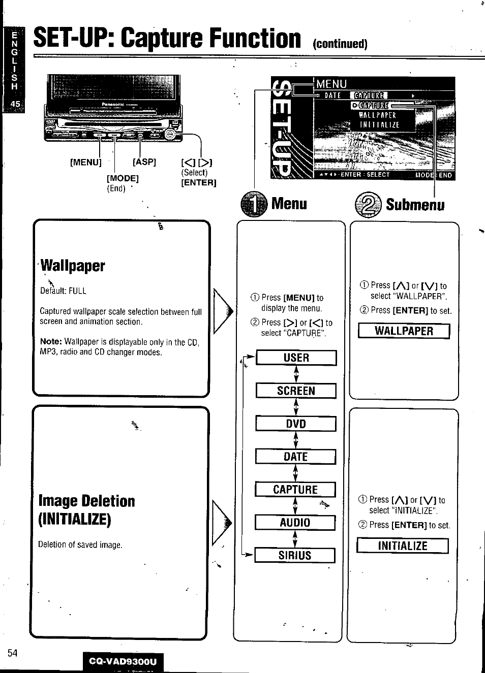 Set-up: capture function, Wallpaper, Image deletion (initialize) | User, Screen, Date, Capture, Audio, Sirius, Initialize | Panasonic CQ VAD9300U User Manual | Page 54 / 304