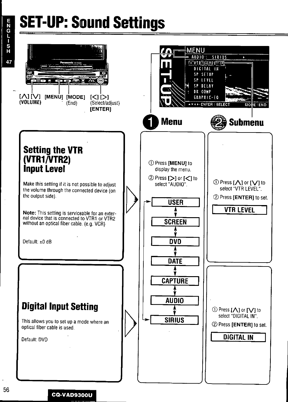 Set-up: sound settings, Volume), Submenu | Setting the vtr (vtr1/vtr2), Input level, Digital input setting, User, Screen, Date, Capture | Panasonic CQ VAD9300U User Manual | Page 56 / 304