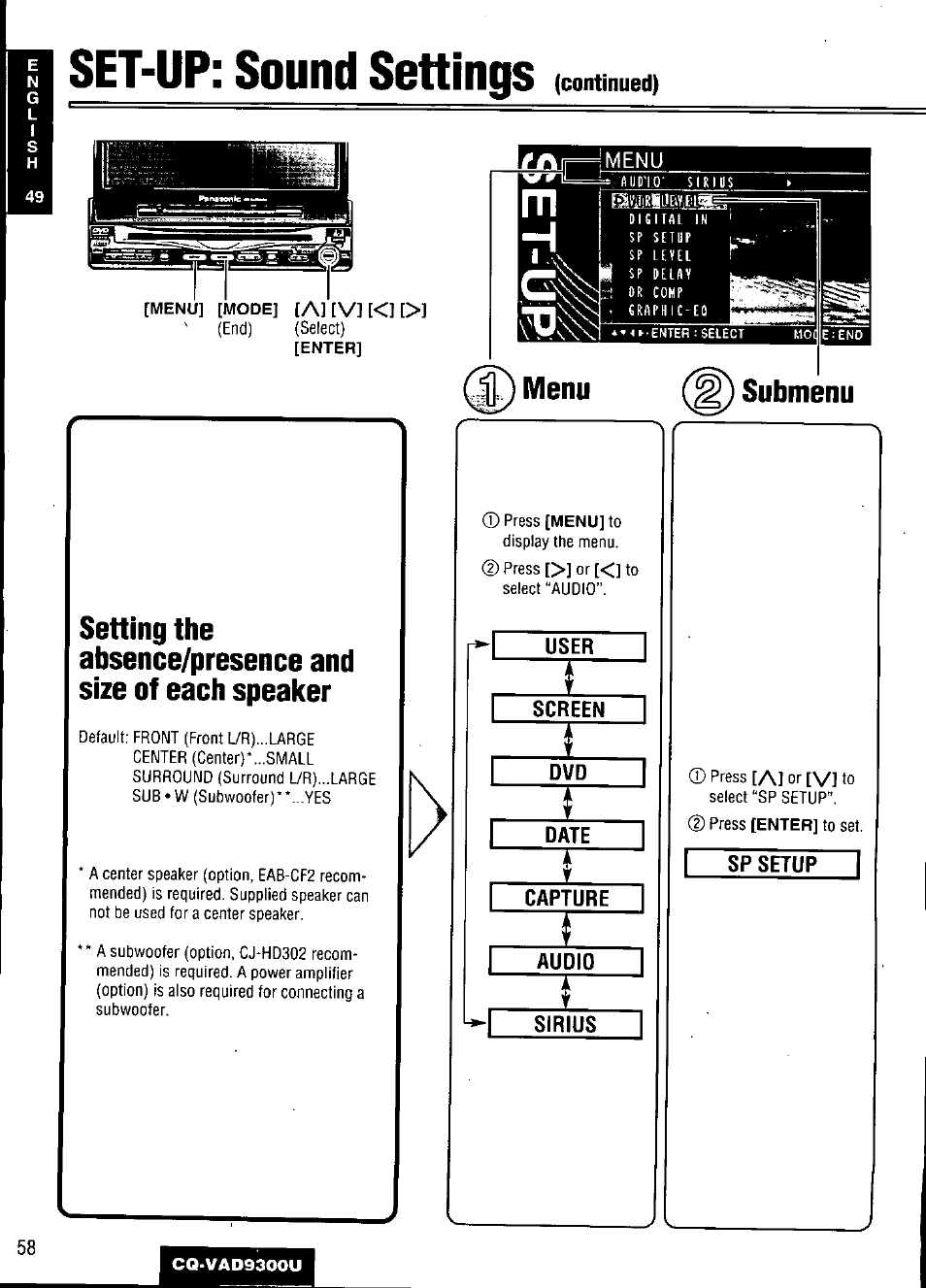 Set-up: sound settings, Submenu, Setting the | Absence/presence and size of each speaker | Panasonic CQ VAD9300U User Manual | Page 58 / 304