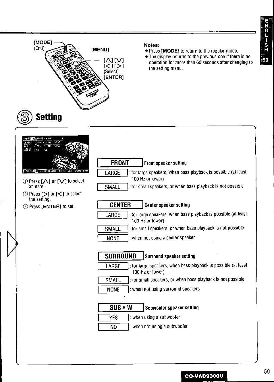 Setting, Front, Front speaker setting | I center j center speaker setting, Surround j surround speaker setting, A] [v | Panasonic CQ VAD9300U User Manual | Page 59 / 304