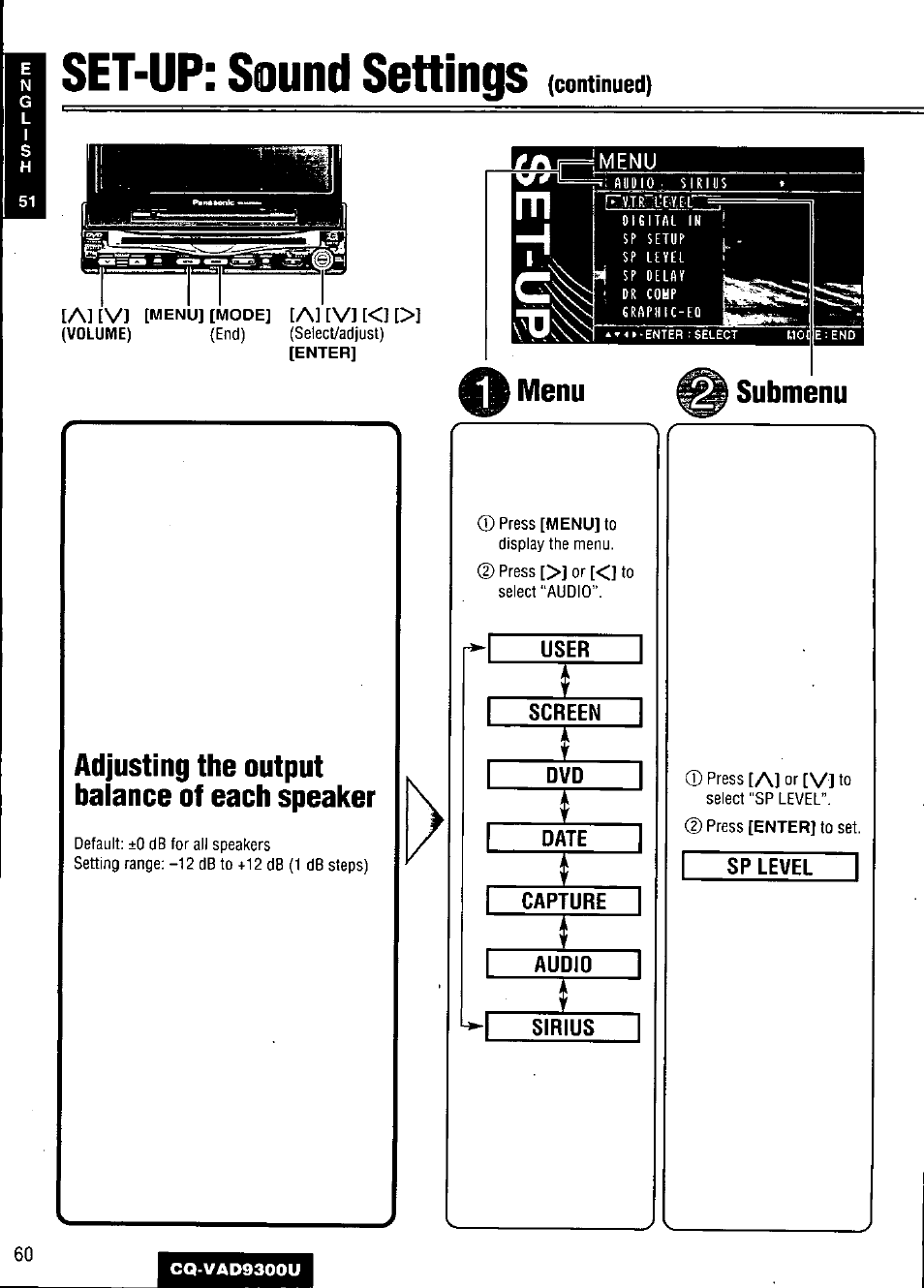 Set-up: sound settings, Adjusting the output balance of each speaker, User | Screen, Date, Capture, Audio, Sirius, Sp level | Panasonic CQ VAD9300U User Manual | Page 60 / 304