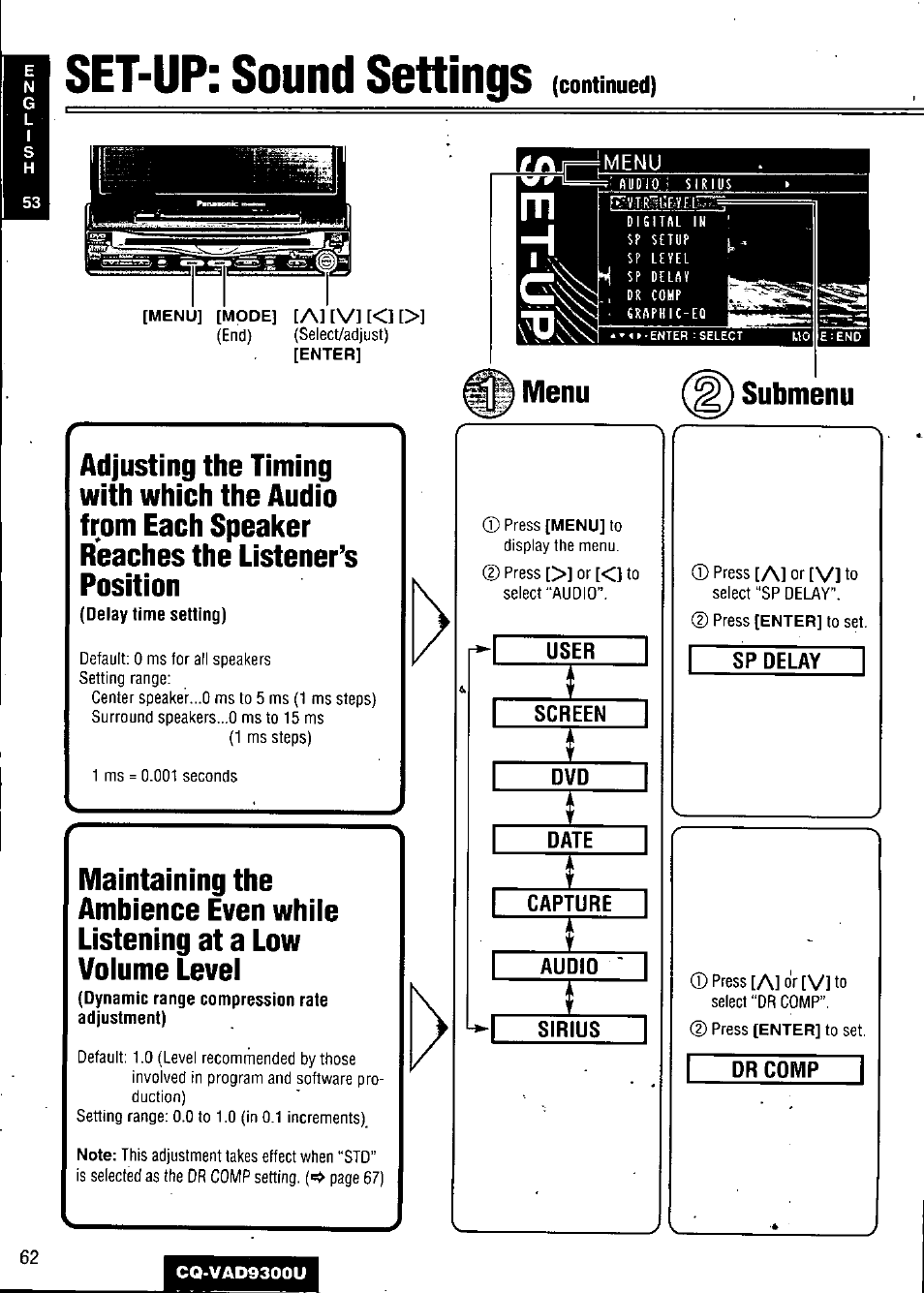 Set-up: sound settings, User, Screen | Date, Capture, Audio, Sirius, Sp delay, Dr comp | Panasonic CQ VAD9300U User Manual | Page 62 / 304