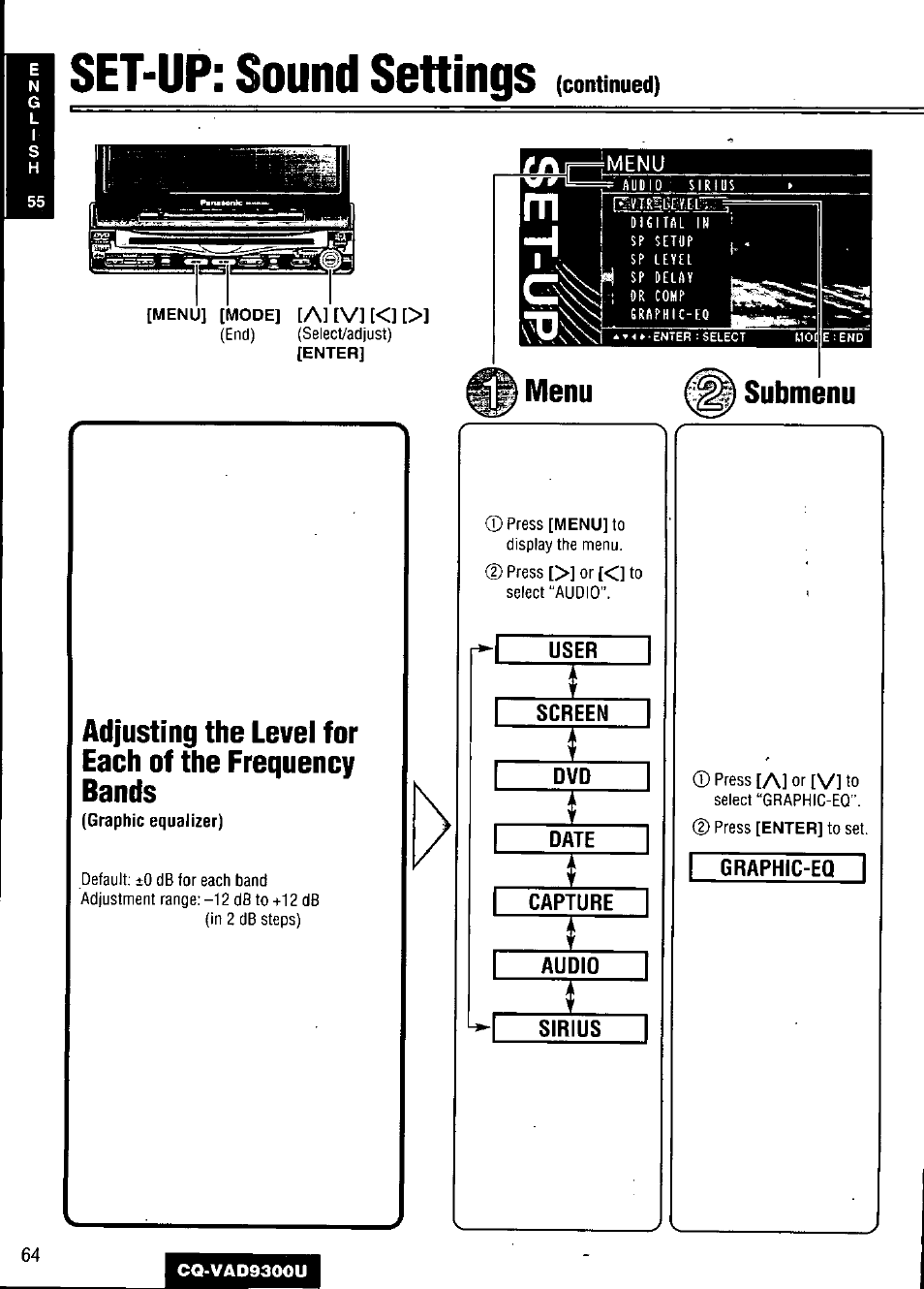 Set-up: sound settings, Submenu, User | Screen, Date, Capture, Audio, Sirius, Graphic-eq | Panasonic CQ VAD9300U User Manual | Page 64 / 304