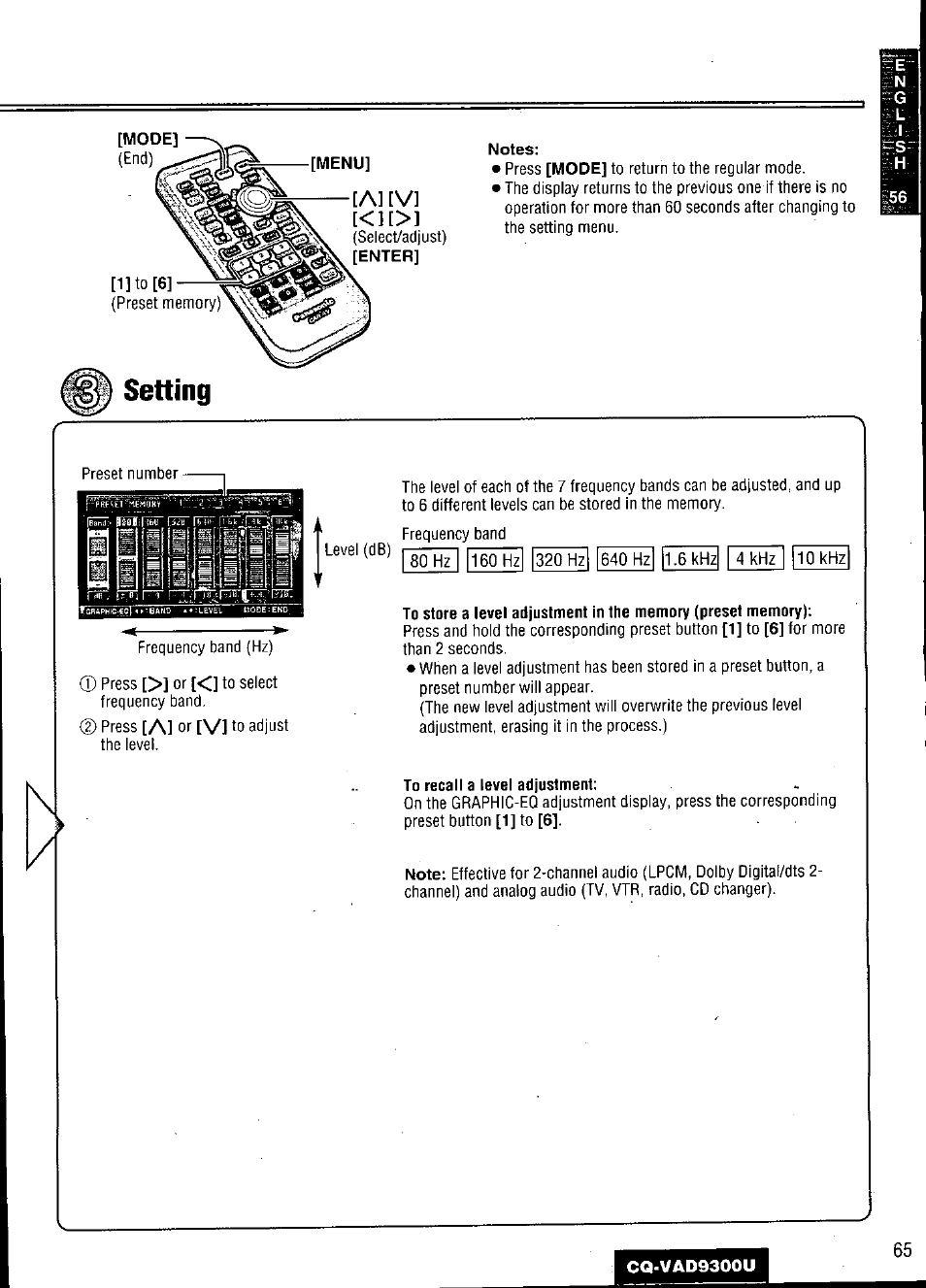 Setting, To recall a level adjustment, Setting k | A] [v, A] or [vi to | Panasonic CQ VAD9300U User Manual | Page 65 / 304