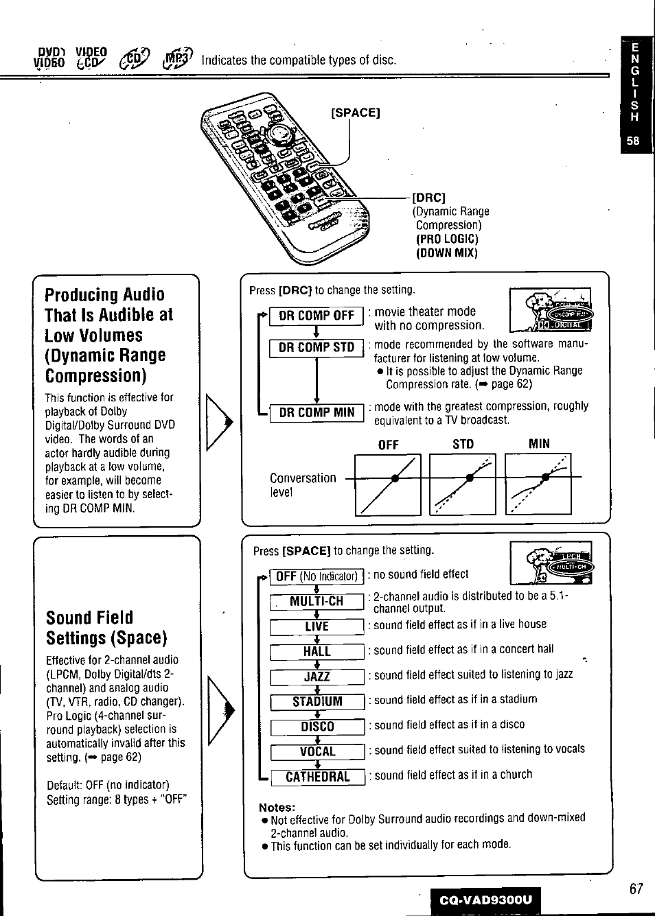 Dvd1 v№eo video, Dr comp off, Dr comp std | Dr comp min, Multi-ch, Live, Hall, Jazz, Stadium, Disco | Panasonic CQ VAD9300U User Manual | Page 67 / 304