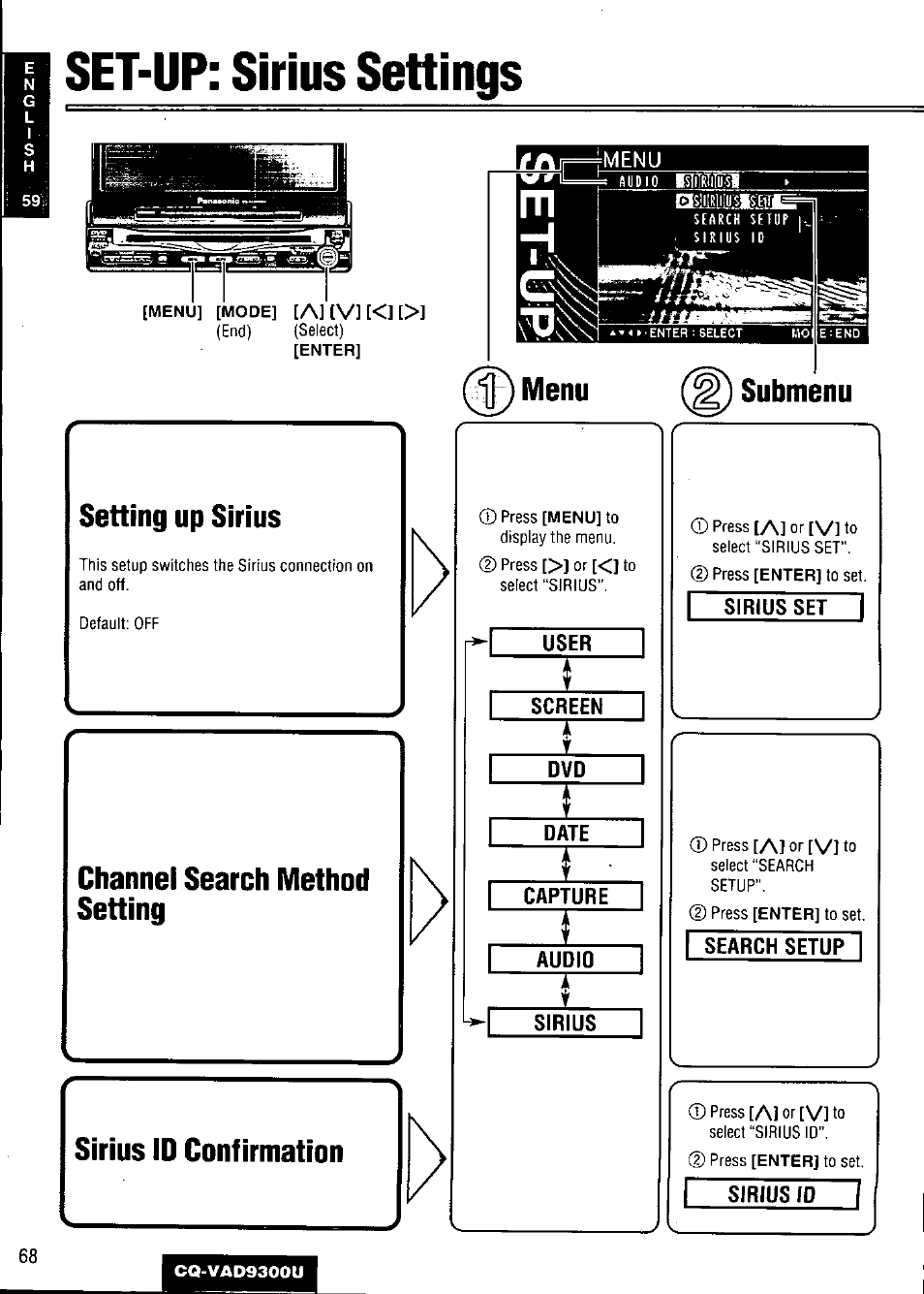 Set-up: sirius settings, Setting up sirius, Sirius id confirmation | User, Screen, Date, Capture, Audio, Sirius, Sirius set i | Panasonic CQ VAD9300U User Manual | Page 68 / 304