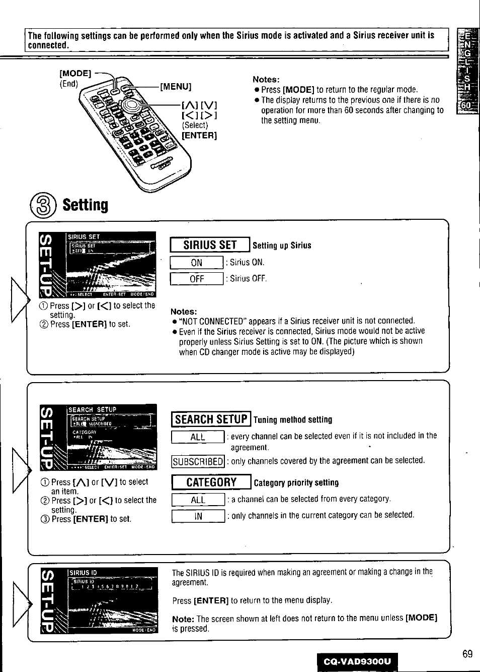 Setting, Sirius set, Setting up sirius | Category category priority setting, A1 [v | Panasonic CQ VAD9300U User Manual | Page 69 / 304