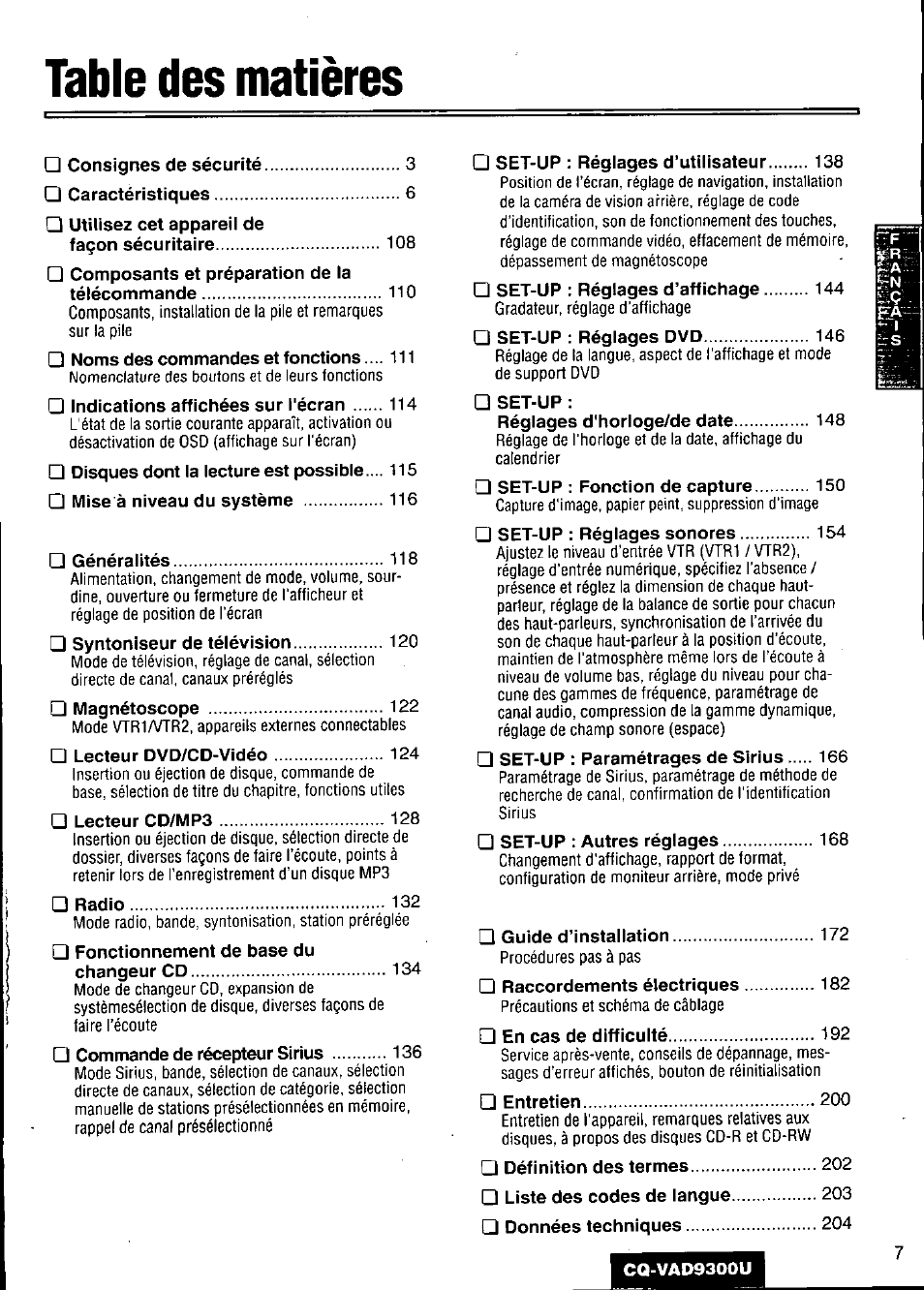 Panasonic CQ VAD9300U User Manual | Page 7 / 304