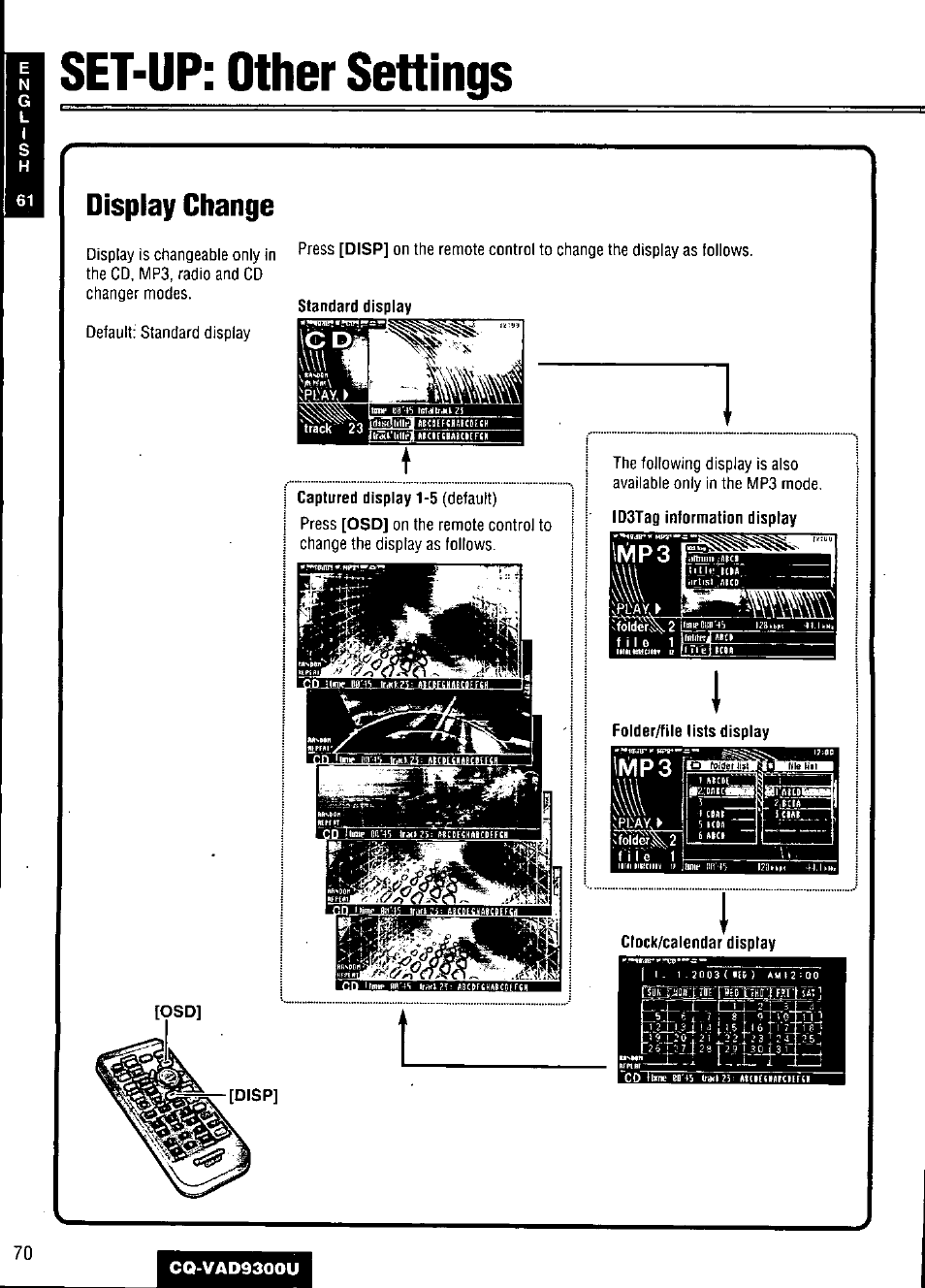 Set-up: other settings, Display change, Set-up : other settings | Panasonic CQ VAD9300U User Manual | Page 70 / 304