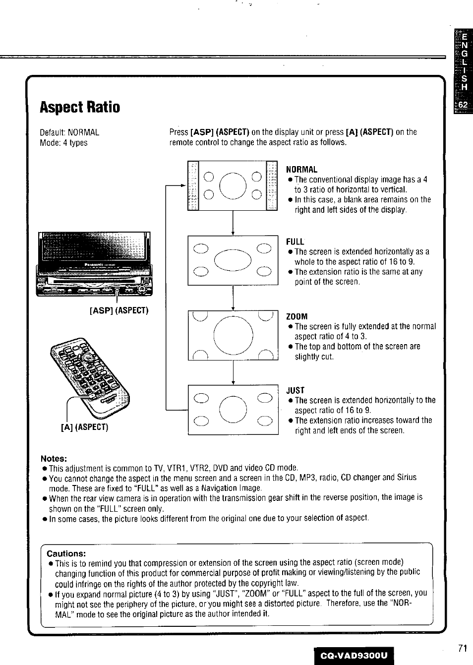 Aspect ratio | Panasonic CQ VAD9300U User Manual | Page 71 / 304