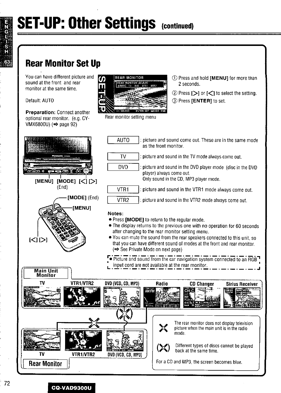 Set-up: other settings, Rear monitor set up | Panasonic CQ VAD9300U User Manual | Page 72 / 304
