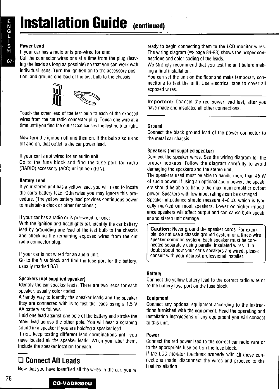 Installation guide, Power lead, Battery lead | Speakers (not supplied speaker), Connect all leads | Panasonic CQ VAD9300U User Manual | Page 76 / 304