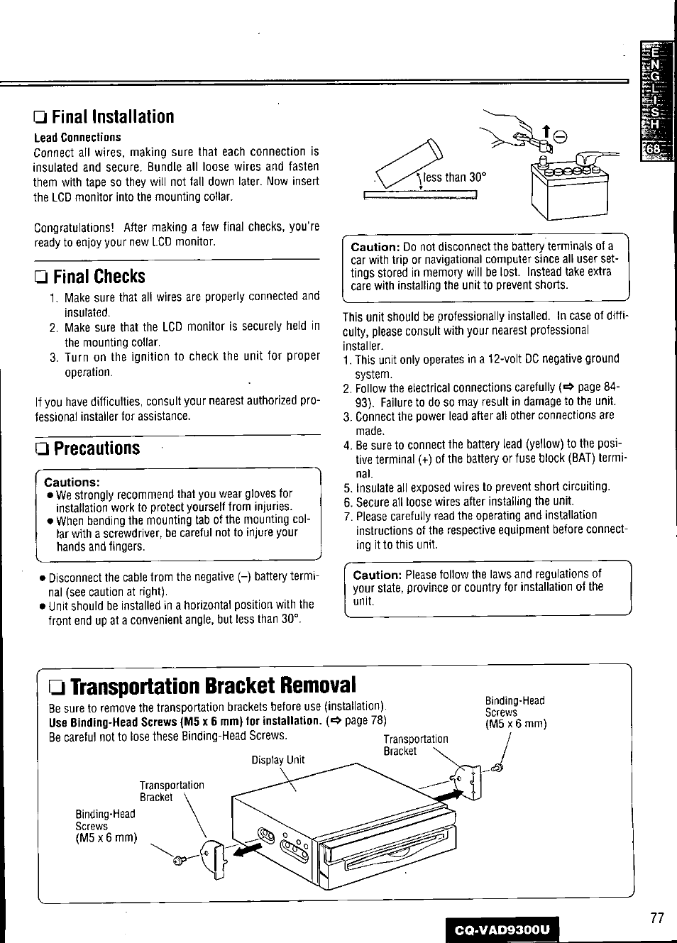 Final installation, Final checks, Precautions | Transportation bracket removal | Panasonic CQ VAD9300U User Manual | Page 77 / 304