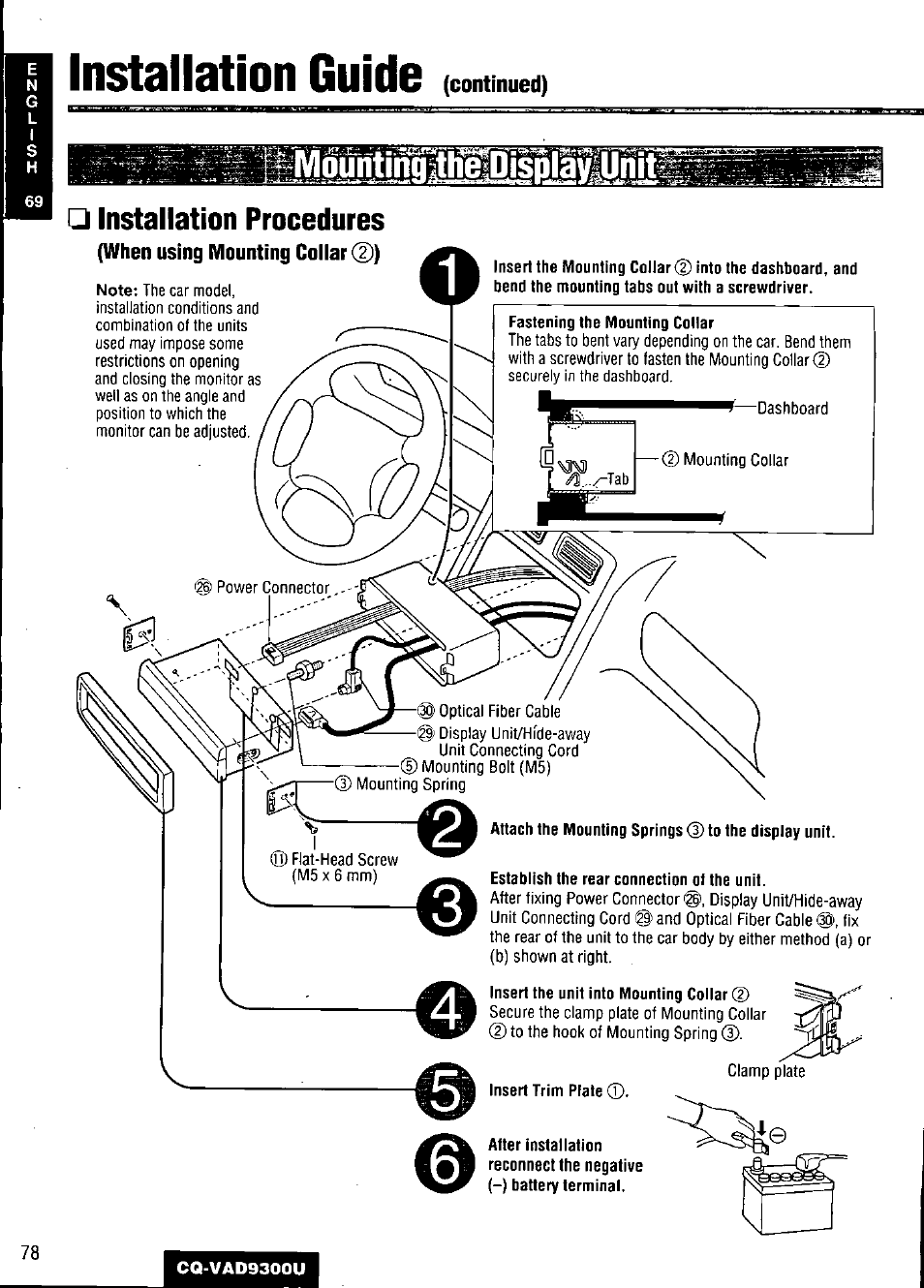 Installation guide, Installation procedures, When using mounting collar d)) | Establish the rear connection ot the unit | Panasonic CQ VAD9300U User Manual | Page 78 / 304