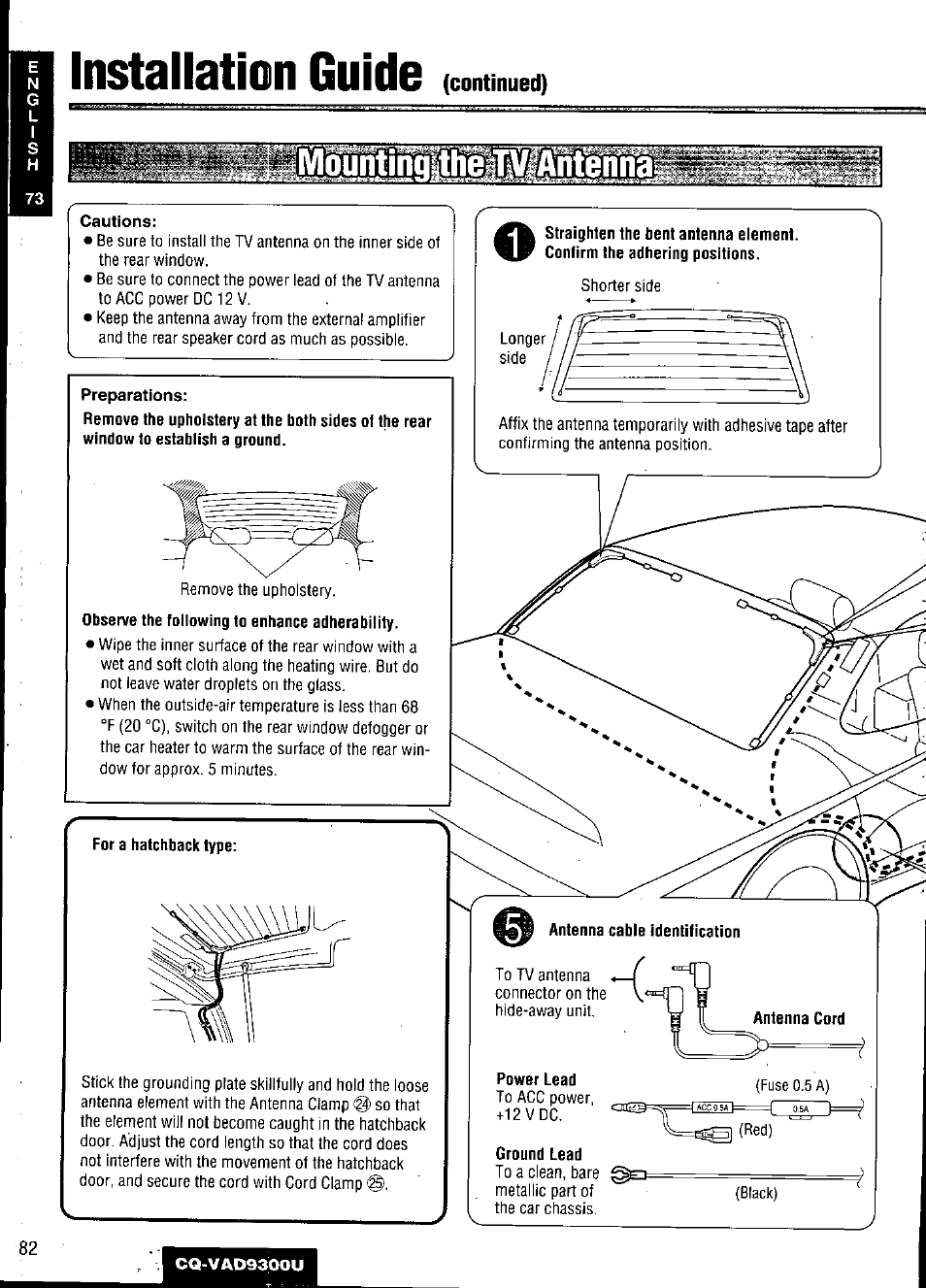 Installation guide, Cautions, For a hatchback type | Power lead, Ground lead | Panasonic CQ VAD9300U User Manual | Page 82 / 304