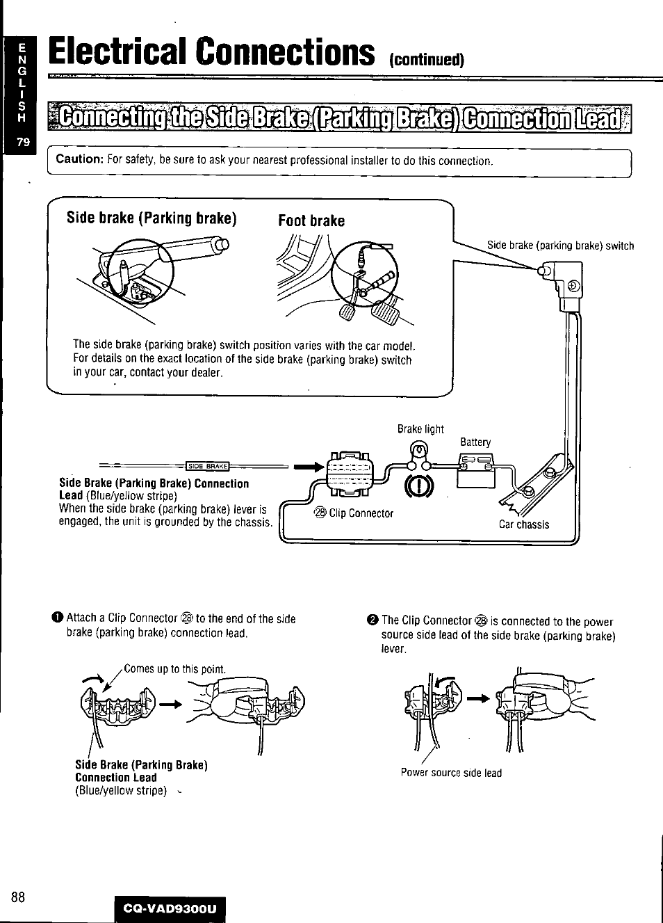 Electrical connections, Side brake (parking brake) connection lead | Panasonic CQ VAD9300U User Manual | Page 88 / 304