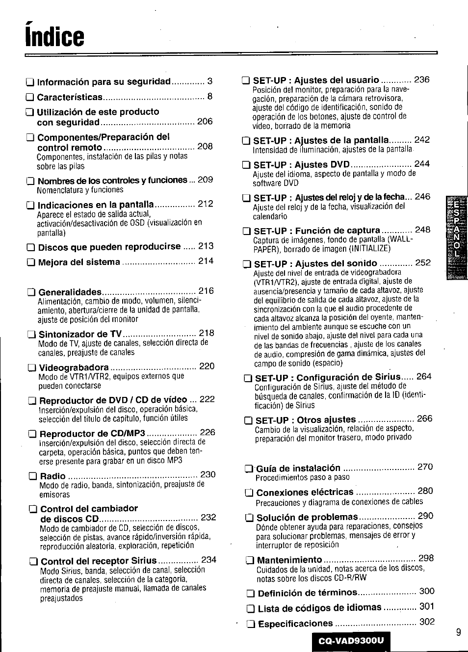 Indice | Panasonic CQ VAD9300U User Manual | Page 9 / 304