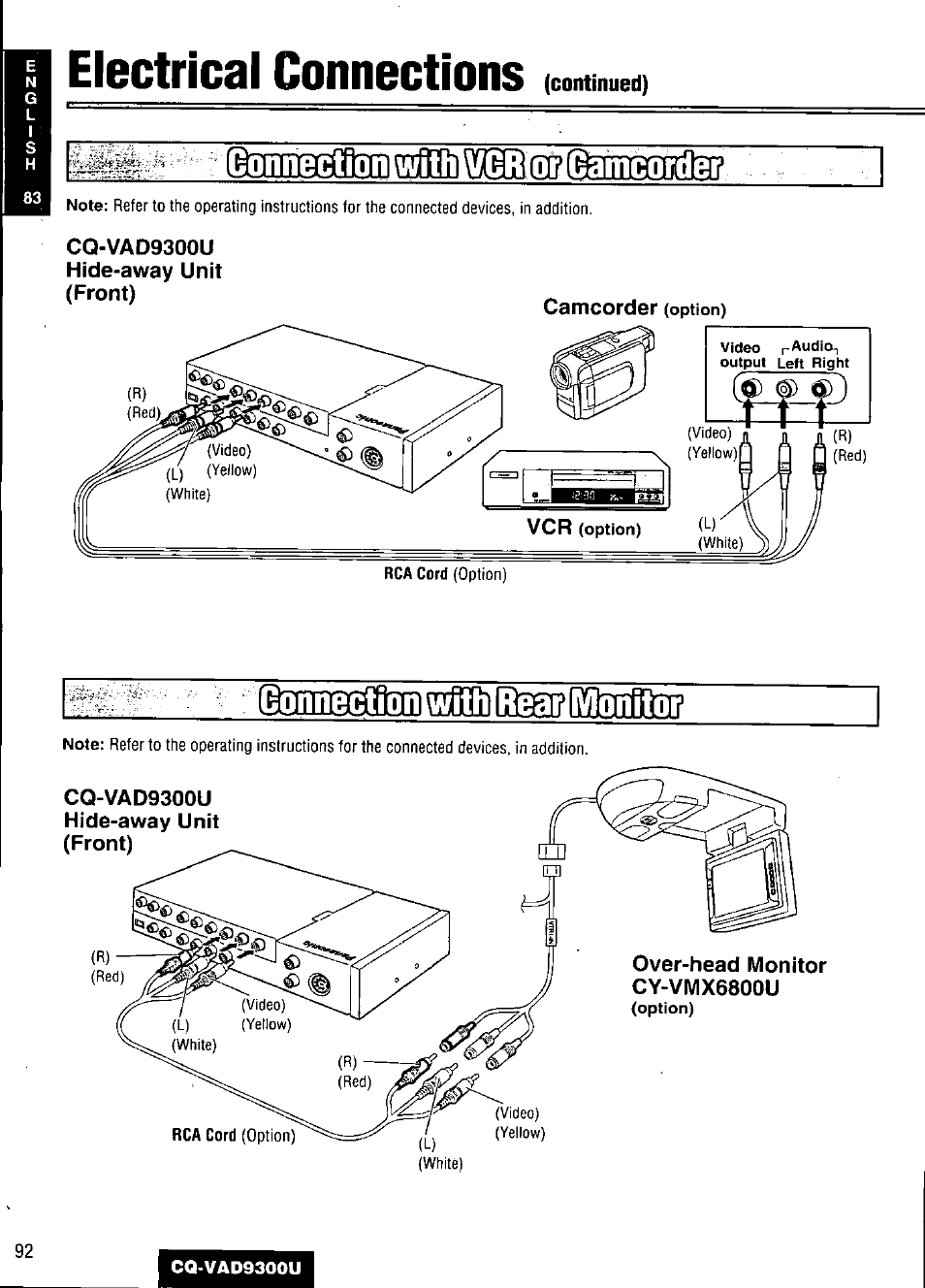 Electrical connections | Panasonic CQ VAD9300U User Manual | Page 92 / 304
