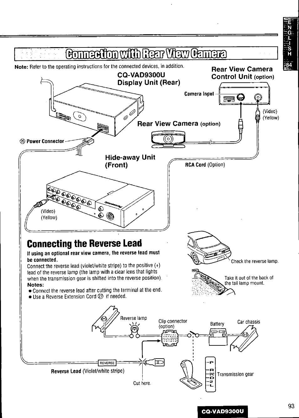 Cq-vad9300u display unit (rear), Rear view camera control unit (option), Camera input | Hide-away unit (front), Connecting the reverse lead | Panasonic CQ VAD9300U User Manual | Page 93 / 304