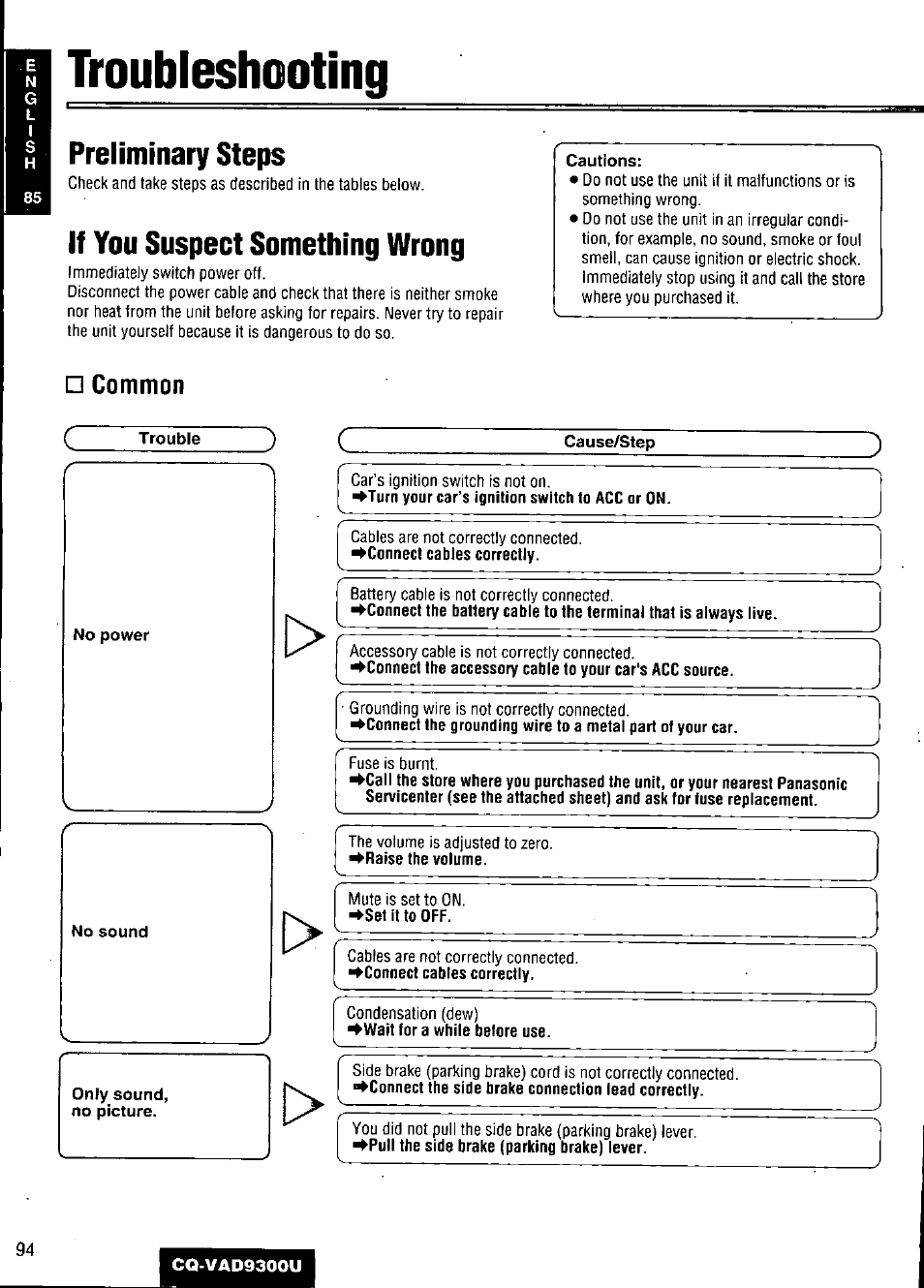 Troubleshooting, Preliminary steps, If you suspect something wrong | Cautions, Common, Cause/step | Panasonic CQ VAD9300U User Manual | Page 94 / 304