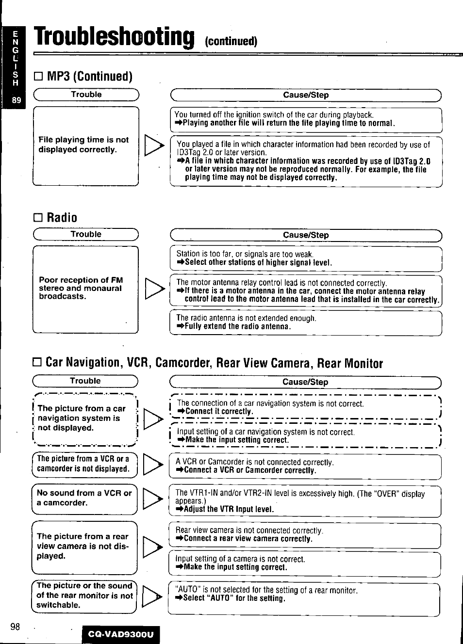 Troubleshooting, Mp3 (continued), Radio | Radío | Panasonic CQ VAD9300U User Manual | Page 98 / 304