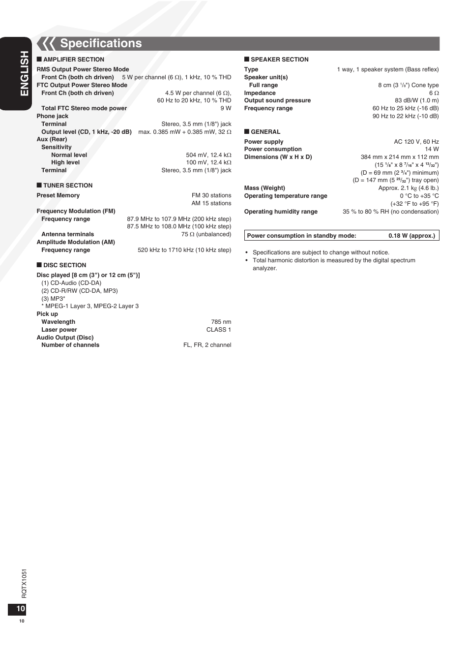 Specifications, Speciﬁcations, English | Panasonic SC-HC20 User Manual | Page 10 / 20