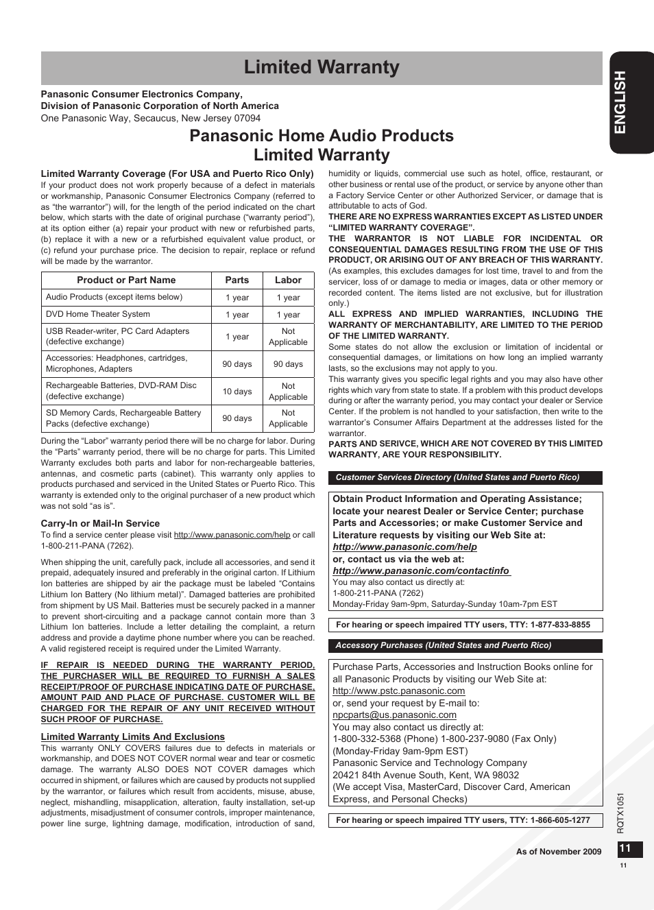 Limited warranty, Panasonic home audio products limited warranty, English | Panasonic SC-HC20 User Manual | Page 11 / 20