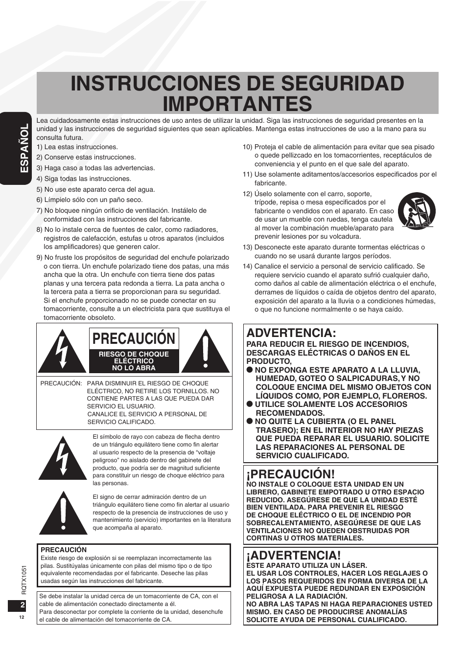 Instrucciones de seguridad importantes, Advertencia, Precaución | Español | Panasonic SC-HC20 User Manual | Page 12 / 20