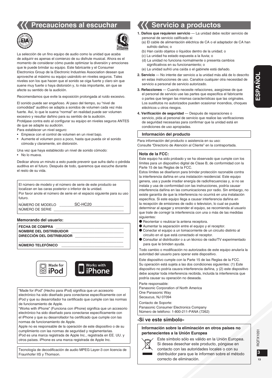 Precauciones al escuchar, Servicio a productos, Español | Si ve este símbolo | Panasonic SC-HC20 User Manual | Page 13 / 20