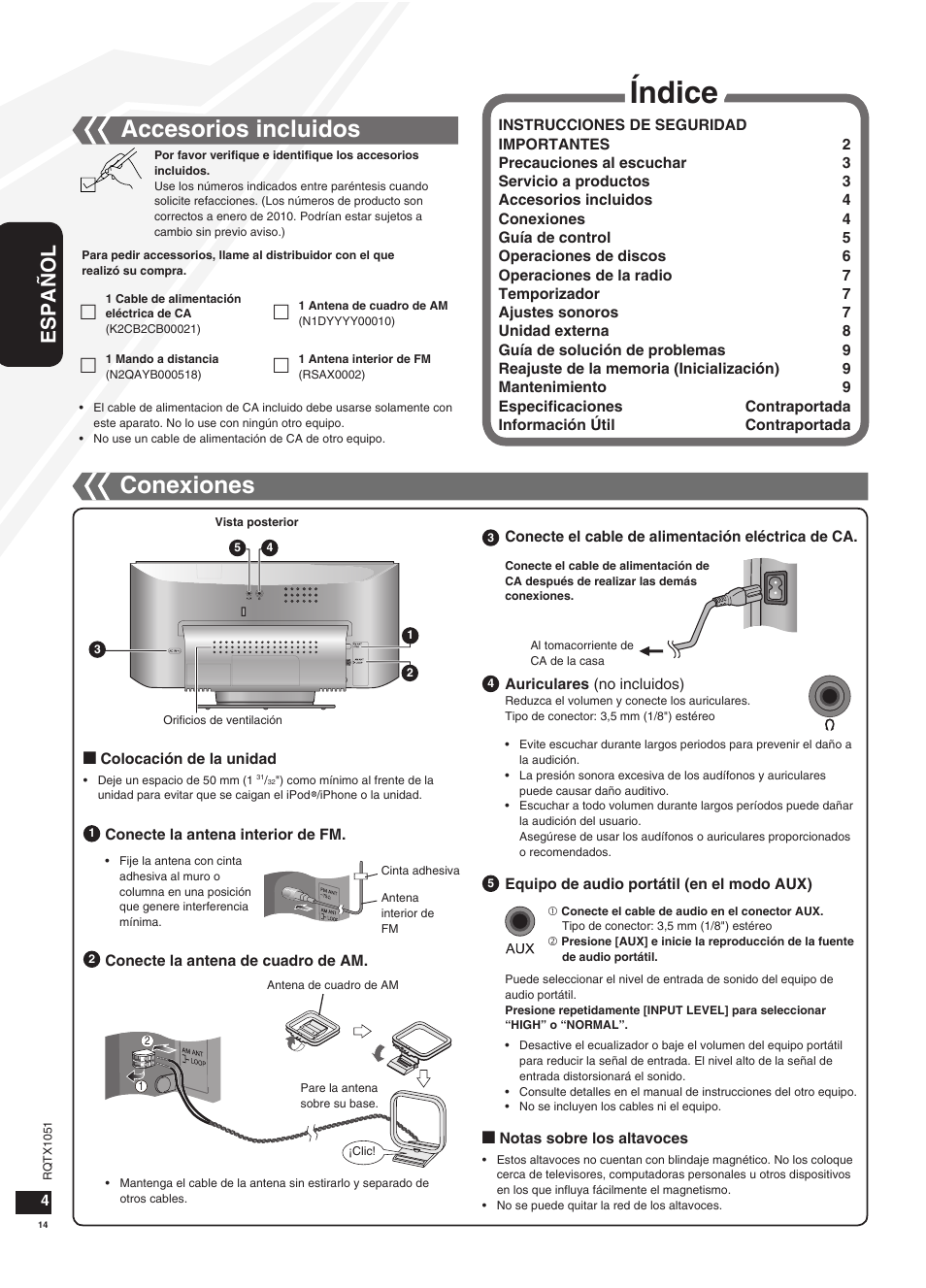 Índice, Conexiones, Accesorios incluidos | Español | Panasonic SC-HC20 User Manual | Page 14 / 20