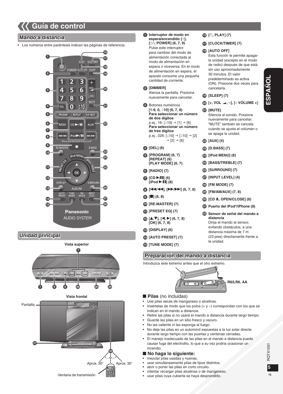 Guía de control, Español, Mando a distancia unidad principal | Preparación del mando a distancia, Equipo de audio portátil (en el modo aux) 4 5, Pilas (no incluidas), No haga lo siguiente | Panasonic SC-HC20 User Manual | Page 15 / 20