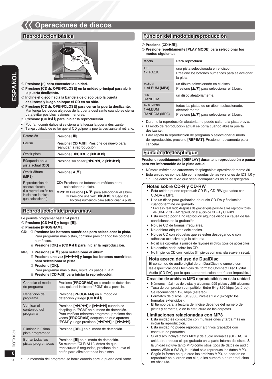 Operaciones de discos, Español, Función del modo de reproducción | Reproducción básica, Reproducción de programas, Función de despliegue | Panasonic SC-HC20 User Manual | Page 16 / 20