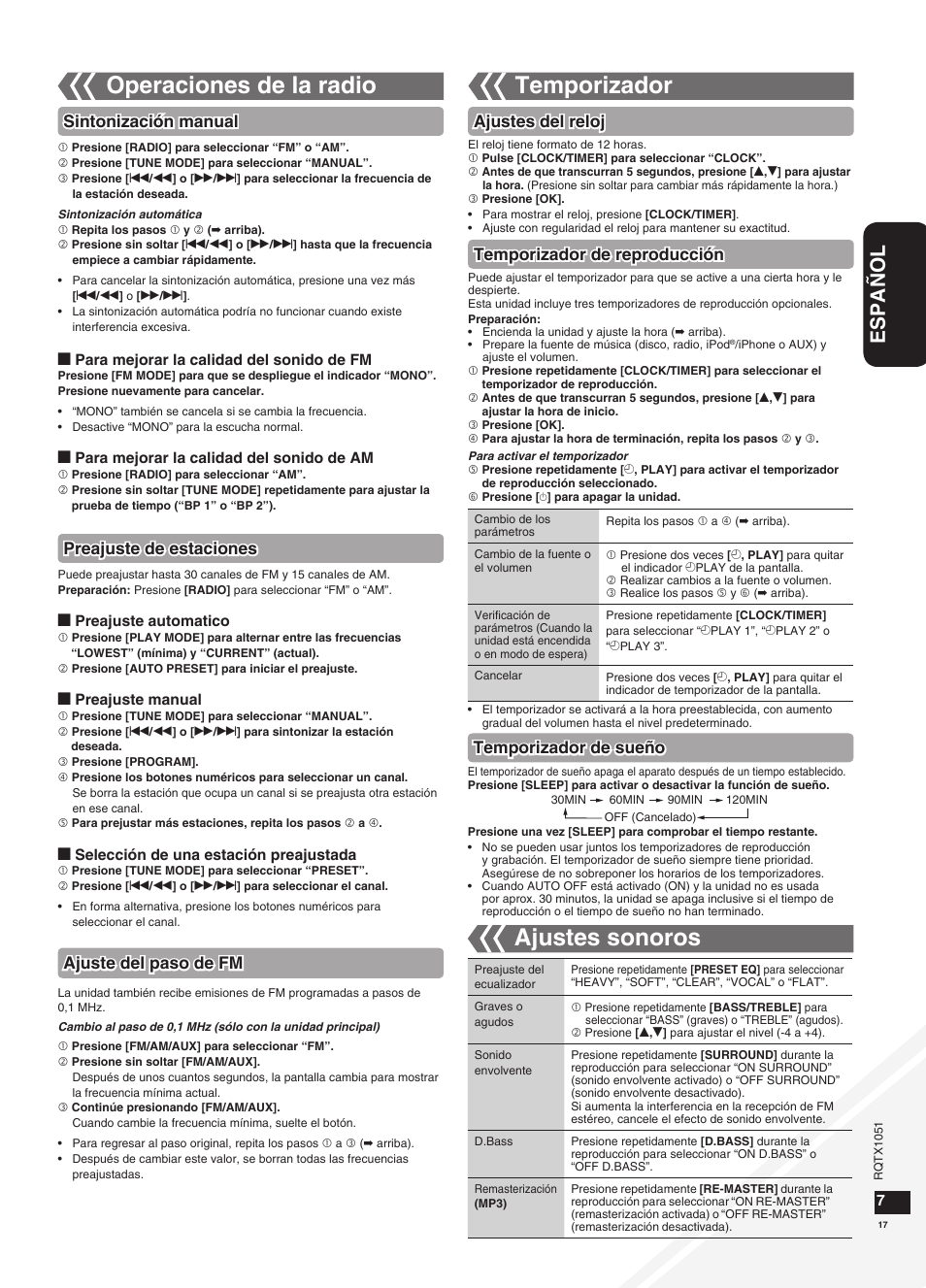 Operaciones de la radio, Temporizador, Ajustes sonoros | Español, Sintonización manual preajuste de estaciones, Ajustes del reloj temporizador de reproducción, Temporizador de sueño, Ajuste del paso de fm | Panasonic SC-HC20 User Manual | Page 17 / 20