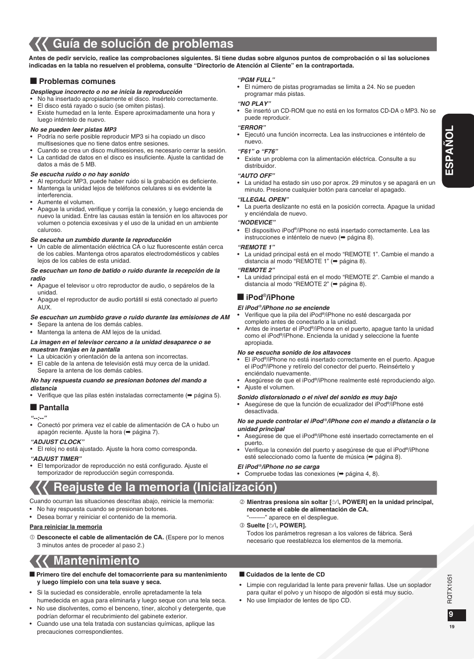 Mantenimiento, Español | Panasonic SC-HC20 User Manual | Page 19 / 20