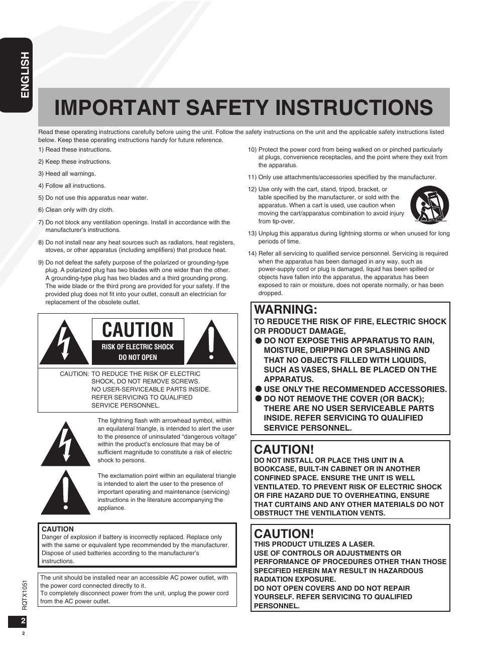 Important safety instructions, Caution, Warning | English | Panasonic SC-HC20 User Manual | Page 2 / 20
