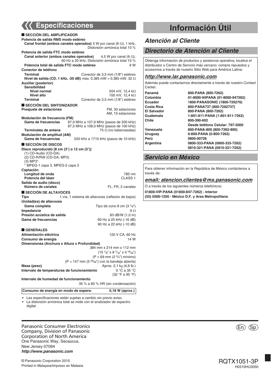 Información útil, Especiﬁcaciones, Atención al cliente | Directorio de atención al cliente, Servicio en méxico, Sp en | Panasonic SC-HC20 User Manual | Page 20 / 20